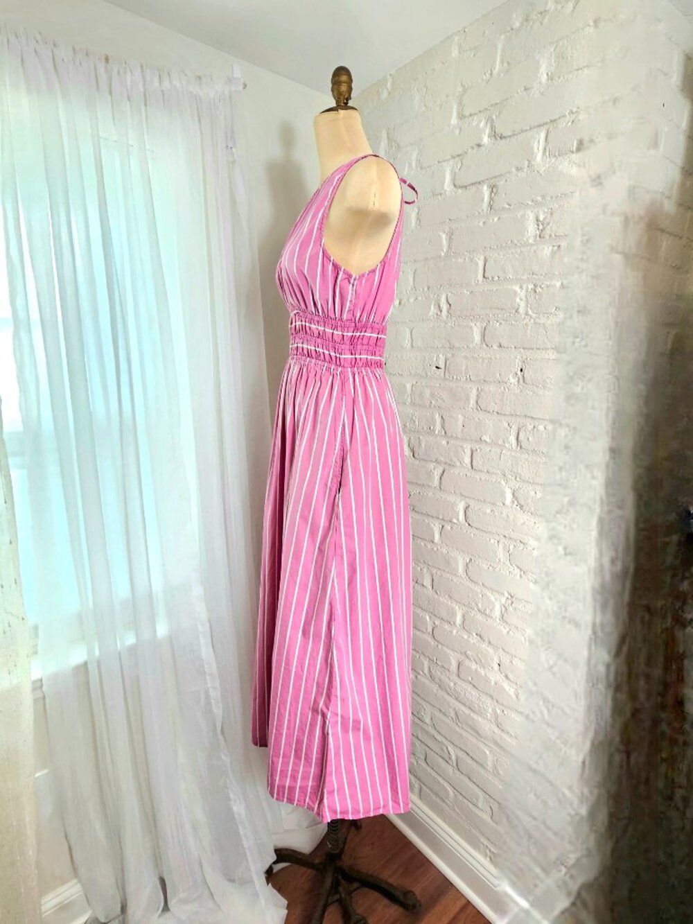 Faithfull The Brand Pink Stripe Smocked Waist Midi Dress Size L Open Back Tie - Picture 9 of 12